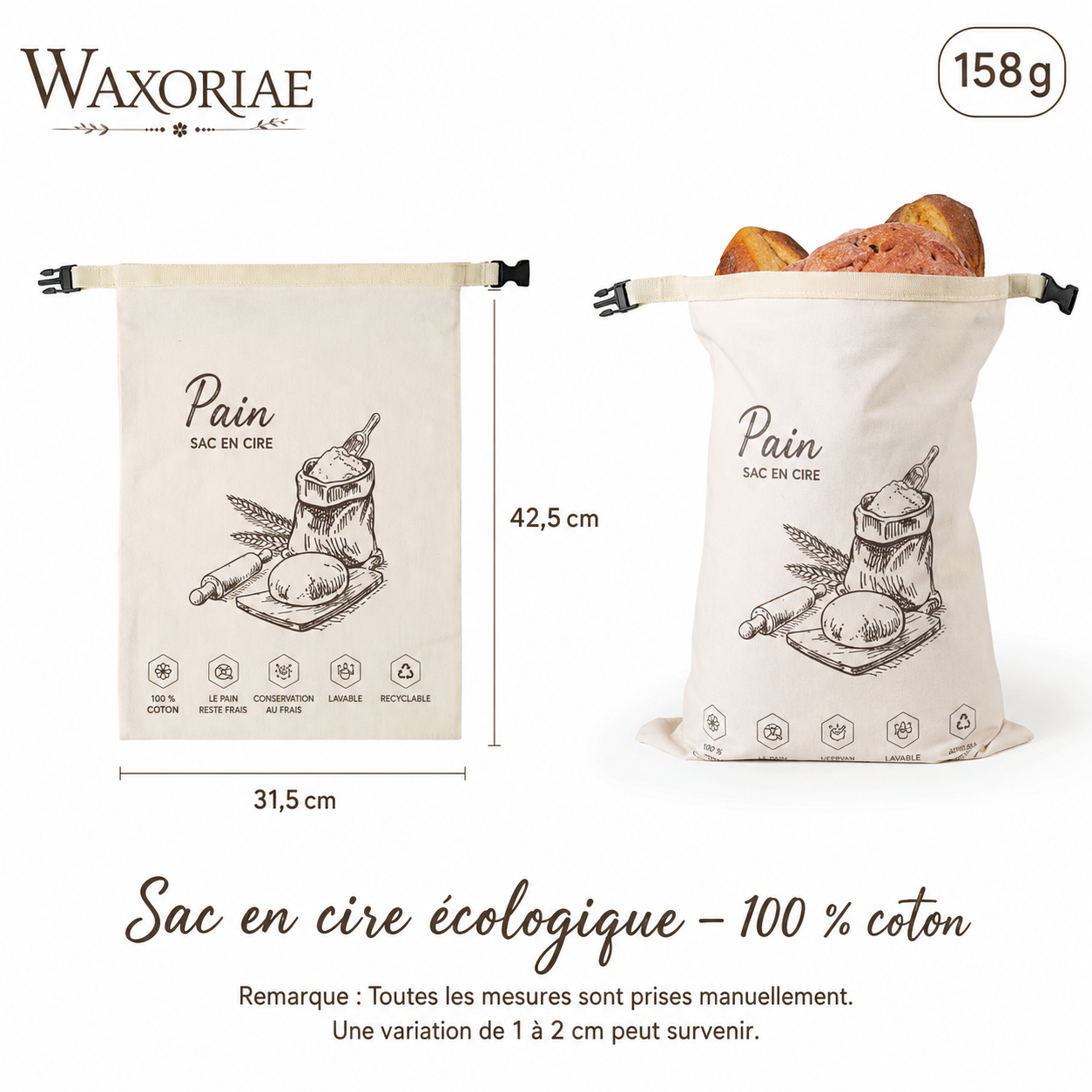 Sac à pain en cire d'abeille biologique – 100 % coton