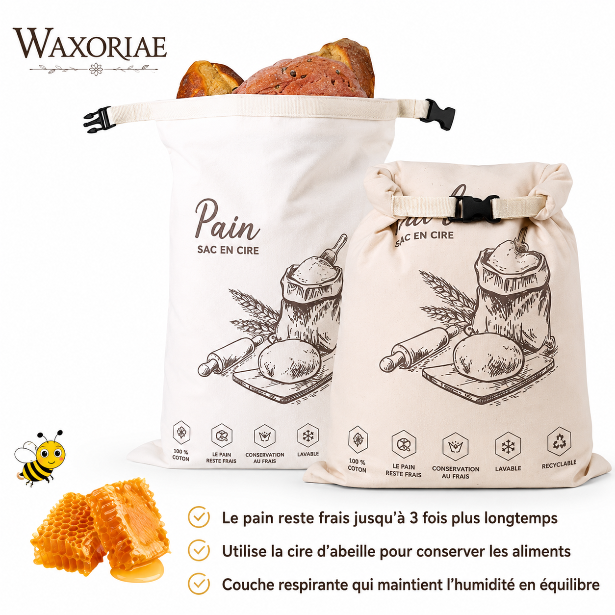Sac à pain en cire d'abeille biologique – 100 % coton