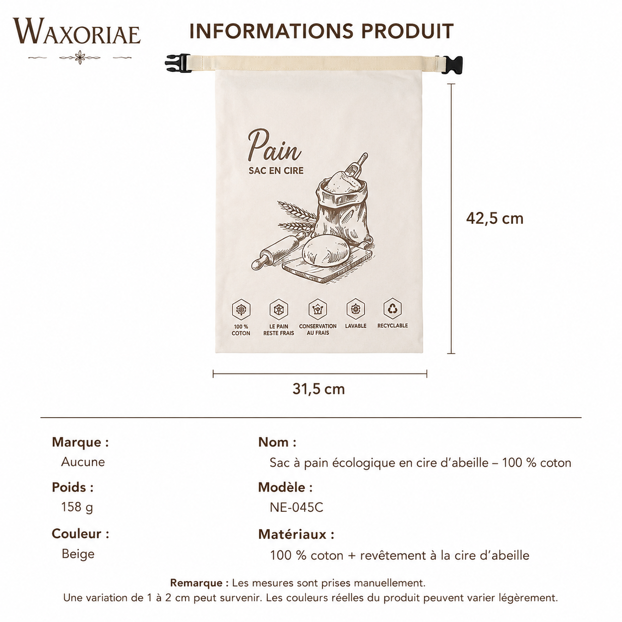 Sac à pain en cire d'abeille biologique – 100 % coton
