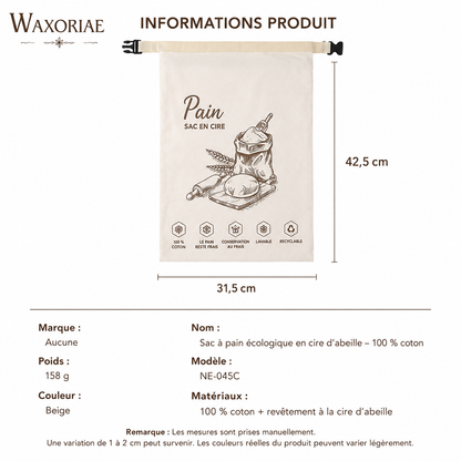 Sac à pain en cire d'abeille biologique – 100 % coton
