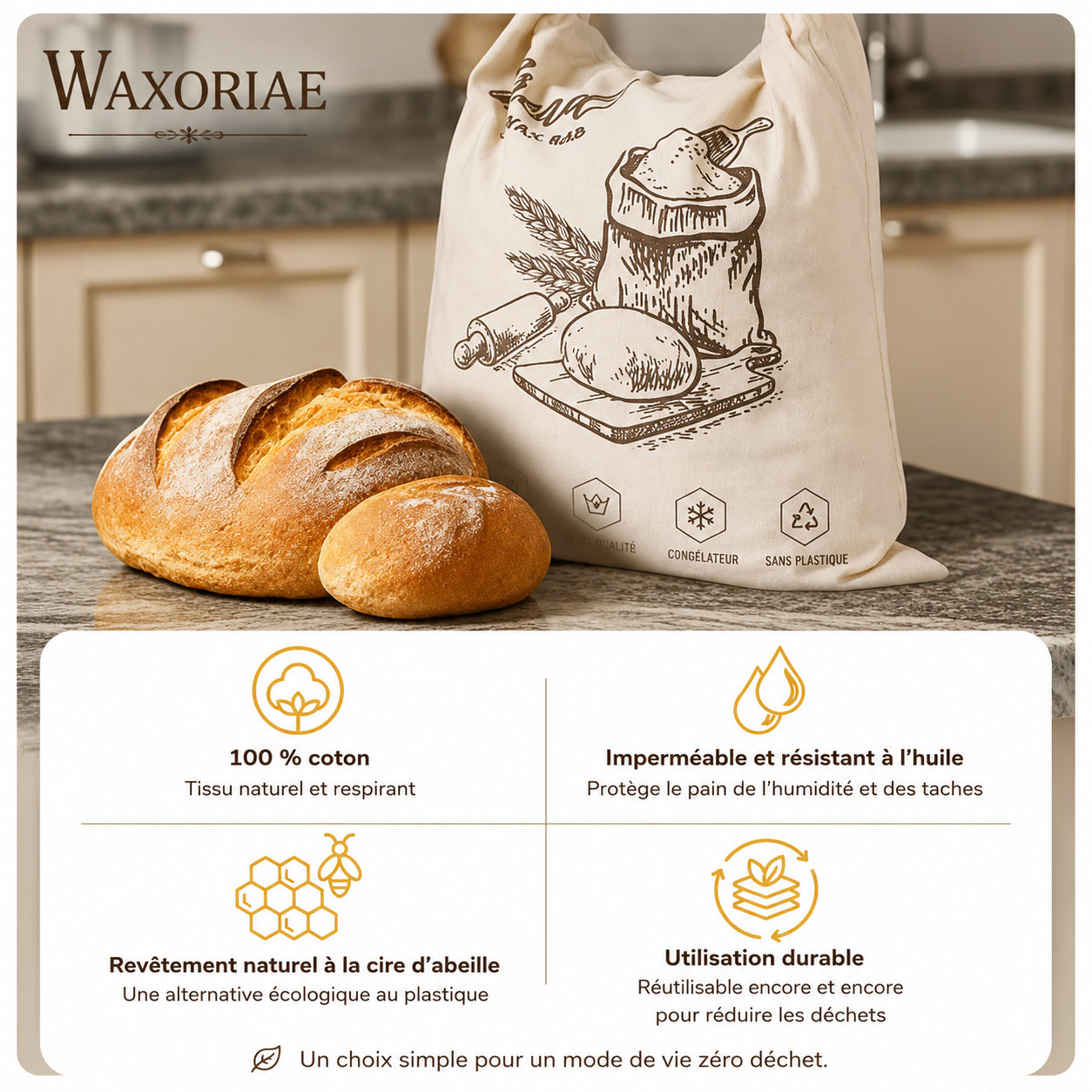 Sac à pain en cire d'abeille biologique – 100 % coton
