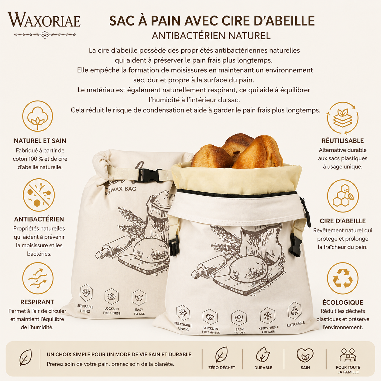 Sac à pain en cire d'abeille biologique – 100 % coton