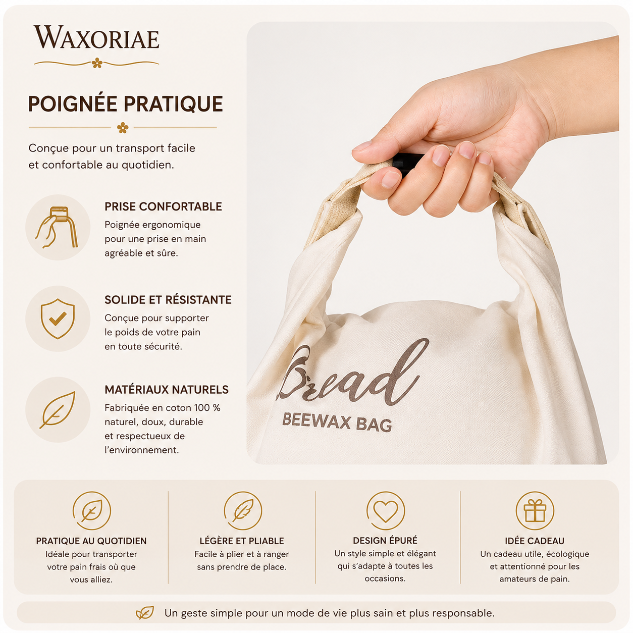 Sac à pain en cire d'abeille biologique – 100 % coton